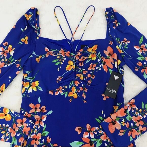 GUESS‎ Blue Floral Cutout Bodycon Dress Long Sleeve Knee Length Slit Size 10 New - Picture 4 of 13